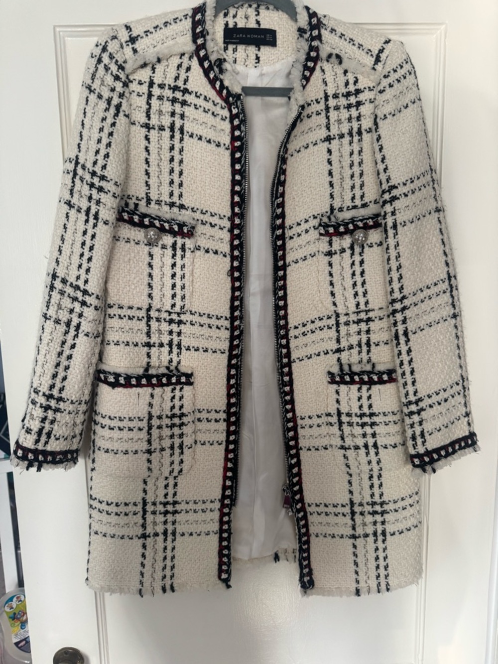 Zara Cream Tweed Plaid Long Jacket